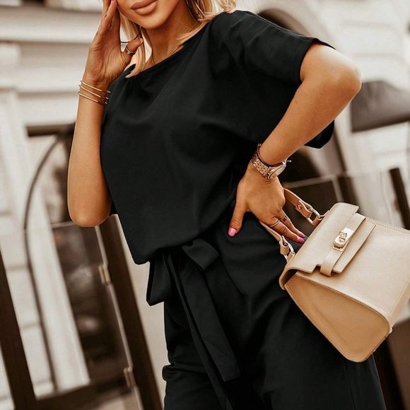 Black Preppy Womens Solid Batwing Sleeve Belted Jumpsuit - Picture 2 of 5